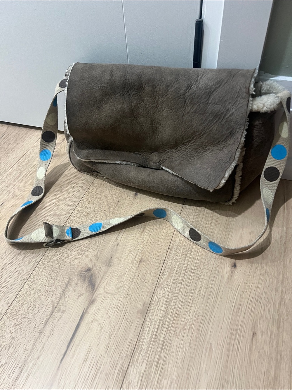 Tsumori Chisato Brown Shearling Crossbody with Polka Dot Strap